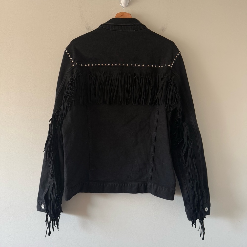 Zara Man Faux Suede Fringe Studded Black Denim Jacket Pockets Button Up Size L - Picture 2 of 16